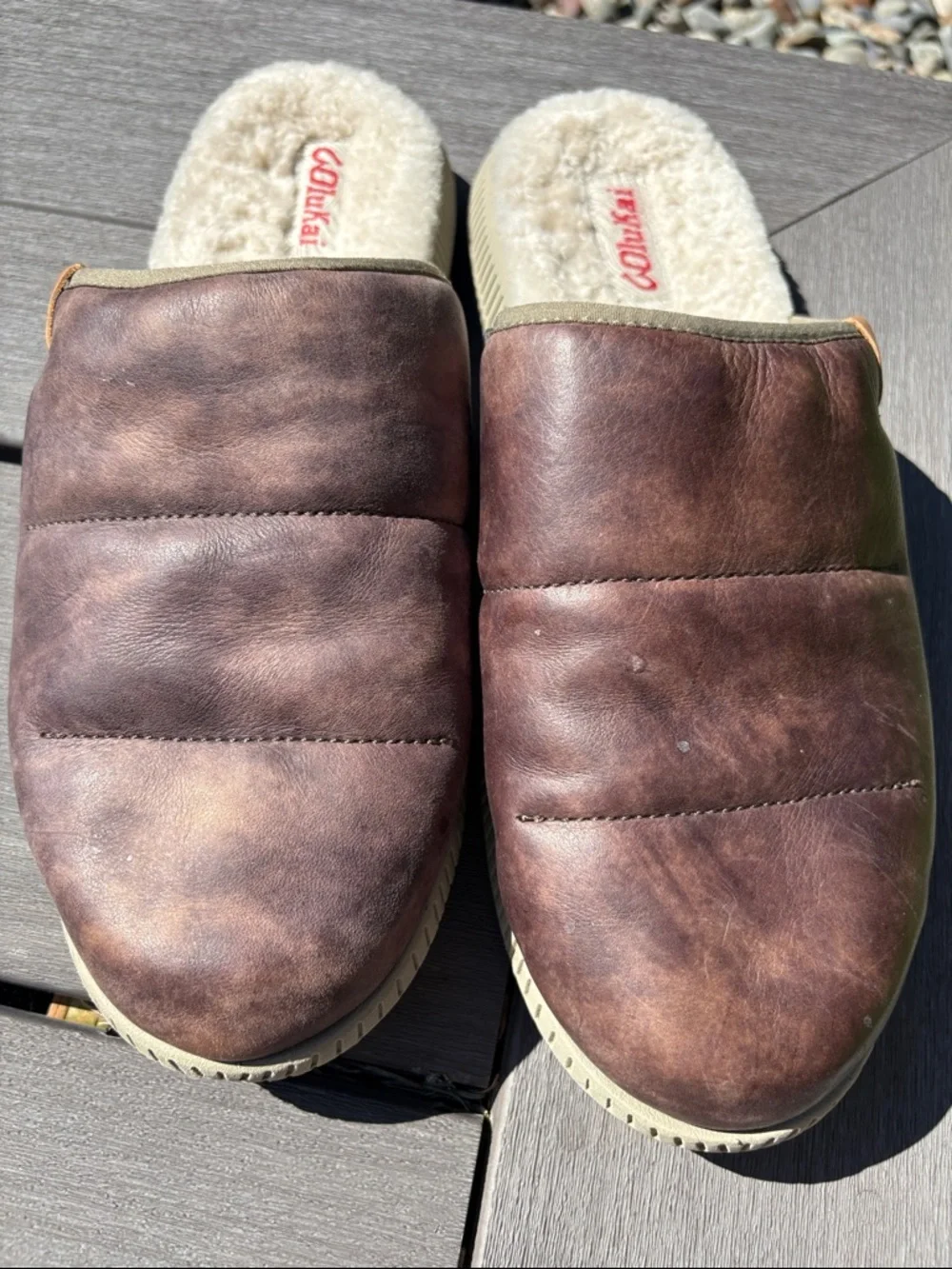 OluKai Men's Brown Leather Slip-On Mua ili Cozy-Lined 10